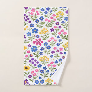 Minimalist Wildflower Seamless Pattern on White Hand Towel