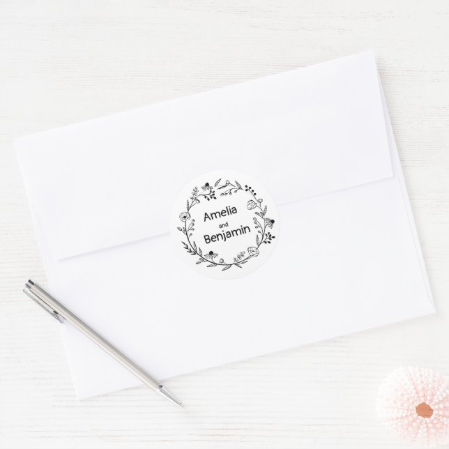minimalist Wildflower Wreath Folk Rustic Wedding  Classic Round Sticker (Envelope)