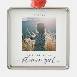 Minimalist Will you be my Flower Girl Photo Chic  Metal Ornament