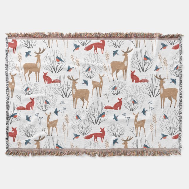 Minimalist Winter Forest Animals Pattern Throw Blanket (Front)