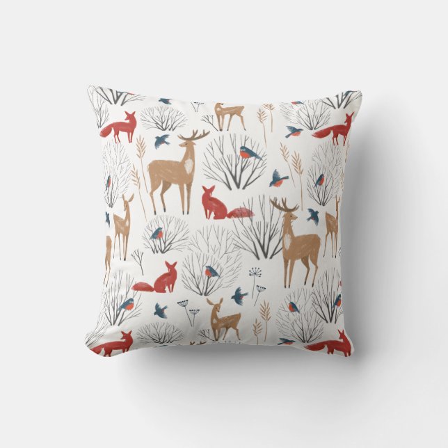 Minimalist Winter Forest Animals Pattern Throw Pillow (Front)