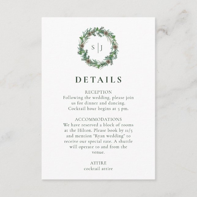 Minimalist Winter Monogram Wreath Wedding Enclosure Card (Front)