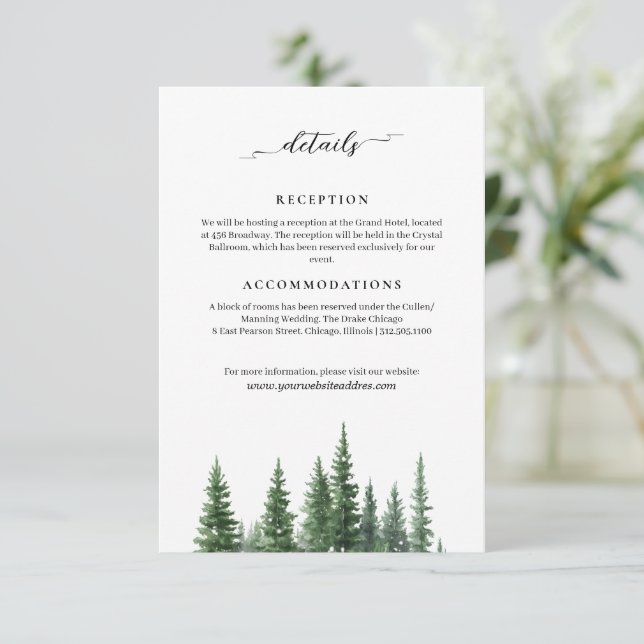 Minimalist Winter pine forest wedding information  Enclosure Card (Standing Front)