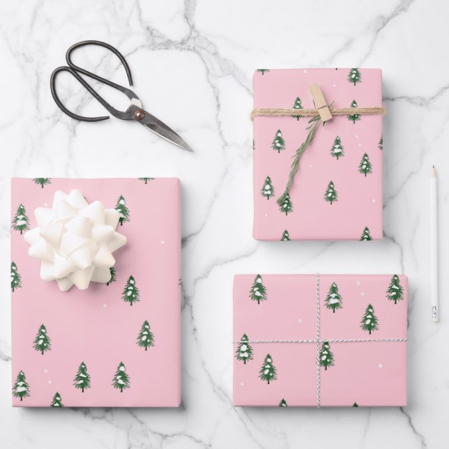 Minimalist Winter Pine Tree Forest Pink     Wrapping Paper Sheet (Front)