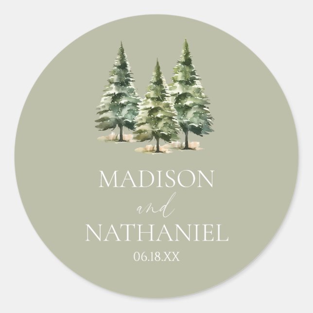 Minimalist Winter Snowy Pine Tree Forest Wedding Classic Round Sticker (Front)
