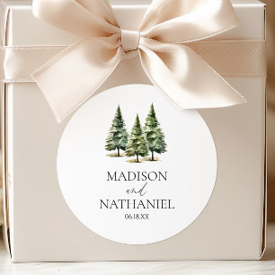 Minimalist Winter Snowy Pine Tree Forest Wedding Classic Round Sticker