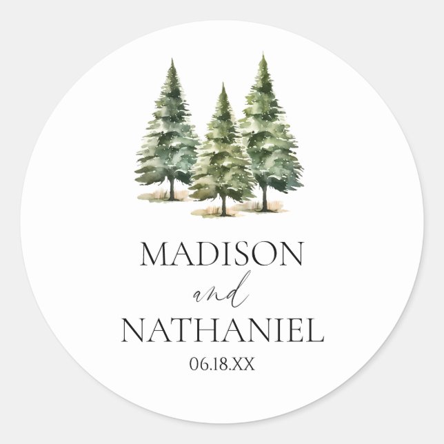 Minimalist Winter Snowy Pine Tree Forest Wedding Classic Round Sticker (Front)