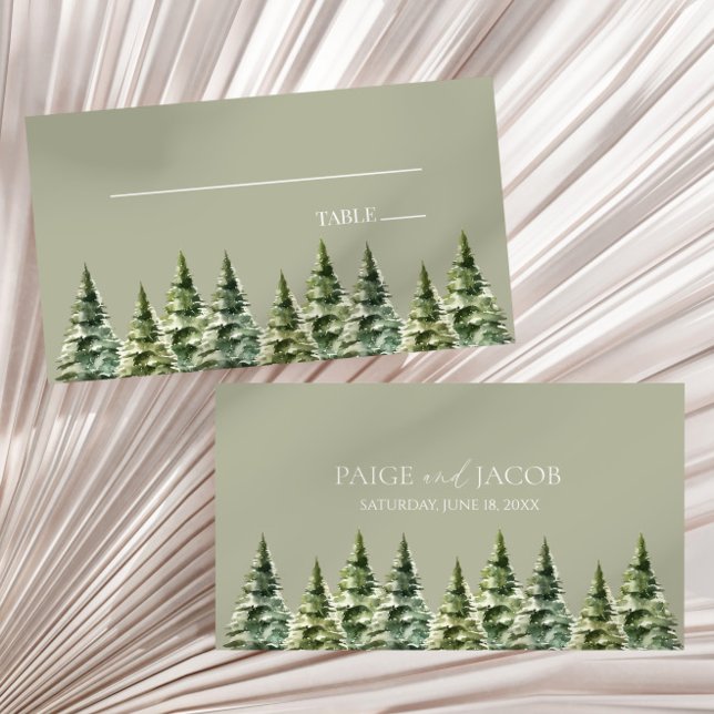 Minimalist Winter Snowy Pine Tree Forest Wedding Place Card (Creator Uploaded)