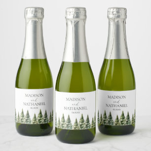 Minimalist Winter Snowy Pine Tree Forest Wedding Sparkling Wine Label