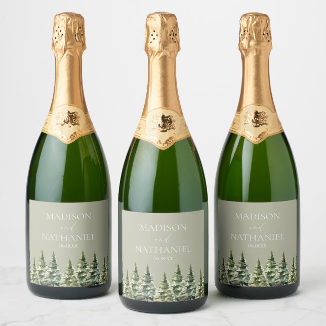 Minimalist Winter Snowy Pine Tree Forest Wedding Sparkling Wine Label (Bottles)