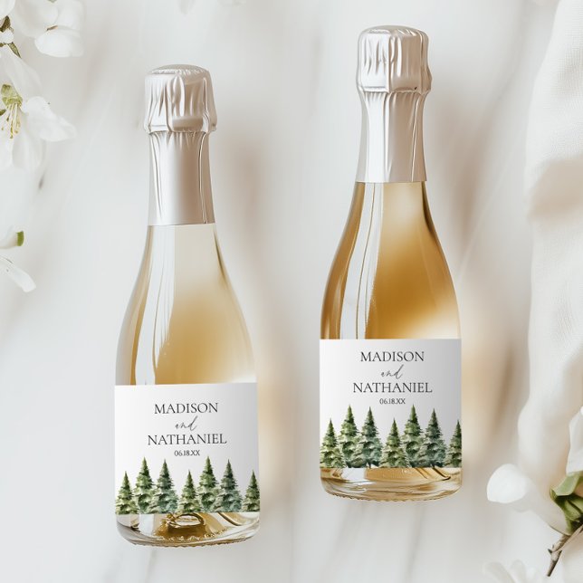 Minimalist Winter Snowy Pine Tree Forest Wedding Sparkling Wine Label (Creator Uploaded)