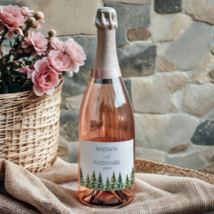 Minimalist Winter Snowy Pine Tree Forest Wedding Sparkling Wine Label