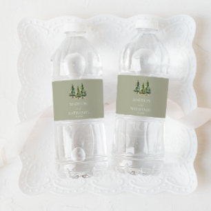 Minimalist Winter Snowy Pine Tree Forest Wedding Water Bottle Label