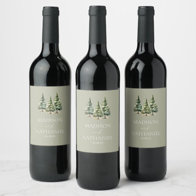 Minimalist Winter Snowy Pine Tree Forest Wedding Wine Label (Bottles)