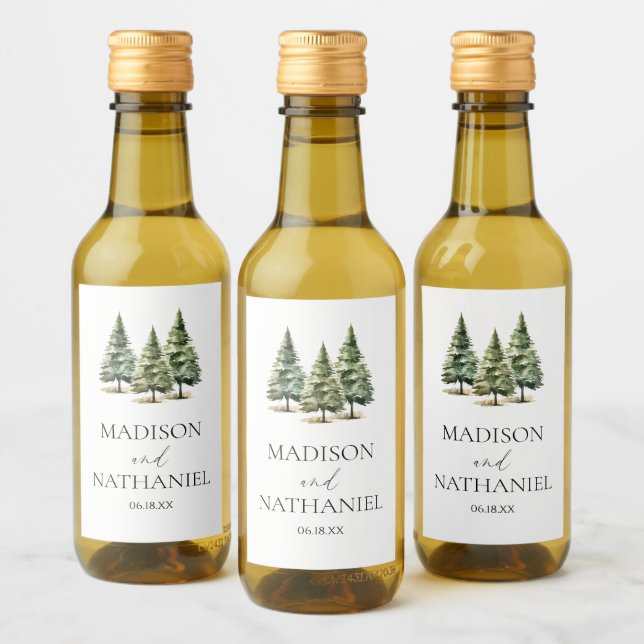 Minimalist Winter Snowy Pine Tree Forest Wedding Wine Label (Bottles)