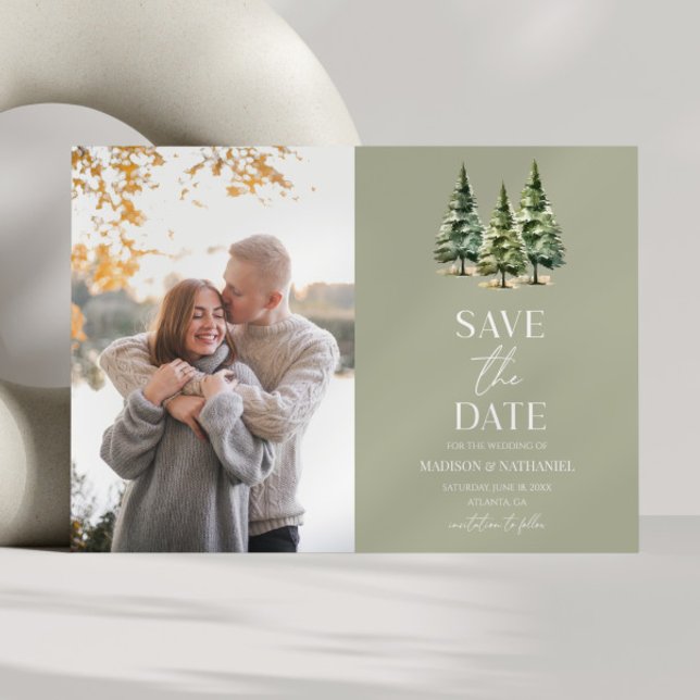 Minimalist Winter Snowy Pine Trees Photo Wedding Save The Date (Creator Uploaded)