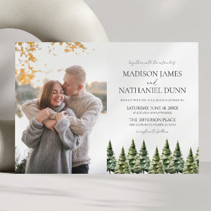 Minimalist Winter Snowy Pine Trees Picture Wedding Invitation