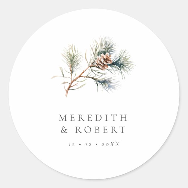 Minimalist Winter Wedding Pine Branch & Cone Classic Round Sticker (Front)