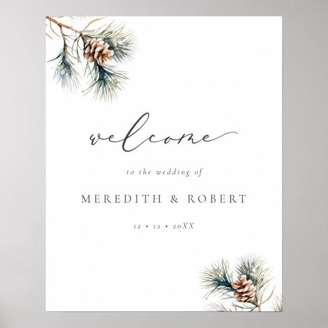 Minimalist Winter Wedding Pine Branch & Cone Poster (Front)