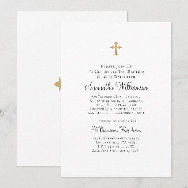 Minimalist with Faux Gold Cross Baptismal Invitation (Front/Back)