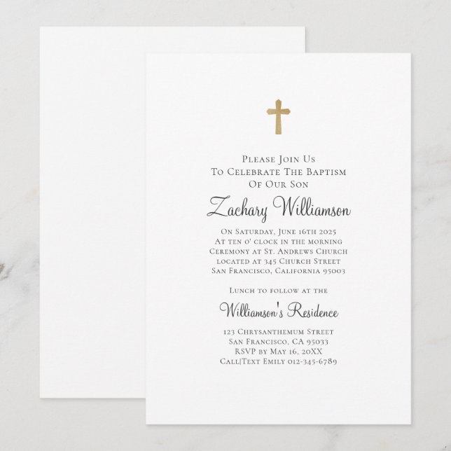 Minimalist with Faux Gold Cross Baptismal Invitation (Front/Back)