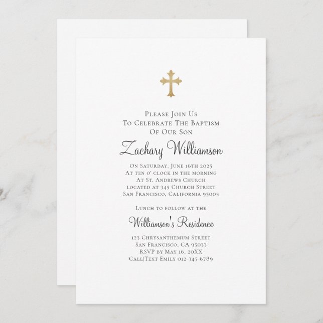 Minimalist with Faux Gold Cross Baptismal Invitation (Front/Back)