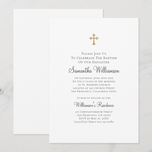 Minimalist with Faux Gold Cross Baptismal Invitation (Front/Back)