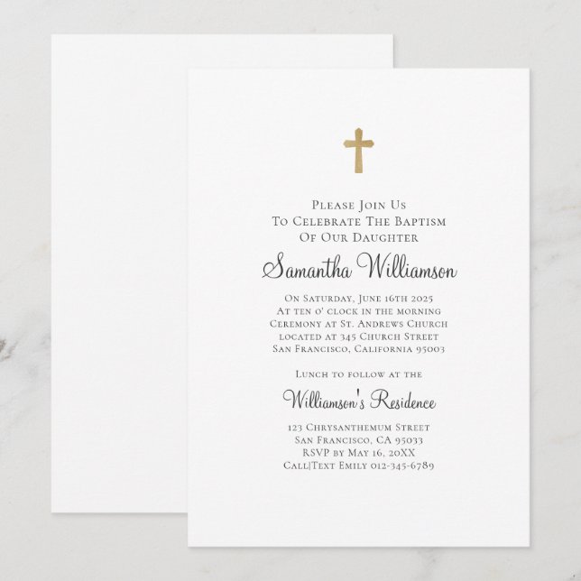 Minimalist with Faux Gold Cross Baptismal Invitation (Front/Back)