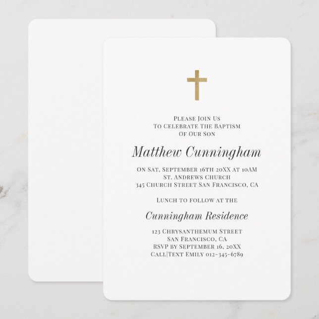 Minimalist with Faux Gold Cross Boy Baptismal Invitation (Front/Back)