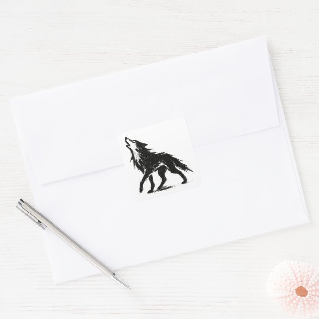 Minimalist Wolf Ink Brushstroke Illustration on  Square Sticker (Envelope)