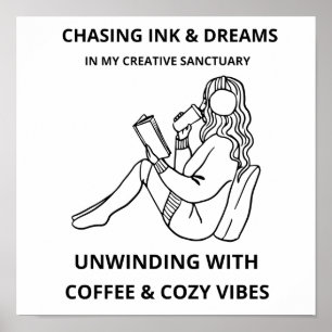 MINIMALIST WOMAN READING & COFFEE LINE ART POSTER 