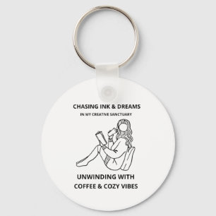 MINIMALIST WOMAN READING & COFFEE LINE ART POSTER KEYCHAIN