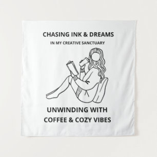 MINIMALIST WOMAN READING & COFFEE LINE ART POSTER TAPESTRY