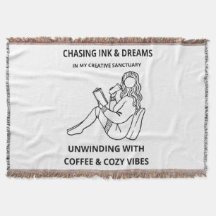 MINIMALIST WOMAN READING & COFFEE LINE ART POSTER THROW BLANKET