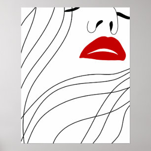 Minimalist Woman With Red Lips Line Art Poster
