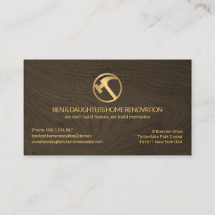 Minimalist Wood Grain Panel Gold Hammer Carpenter Business Card