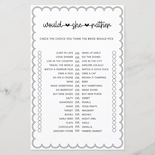 Minimalist would she rather bridal shower game (Front)