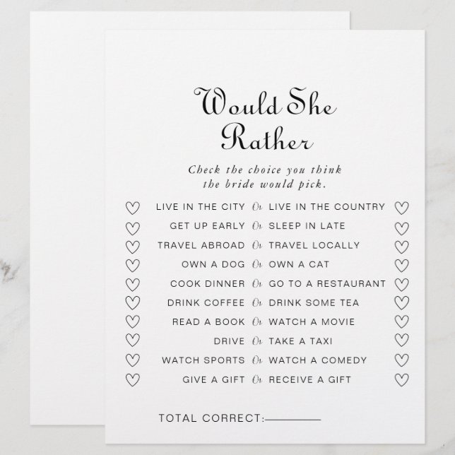 Minimalist Would She Rather Bridal Shower Game (Front/Back)