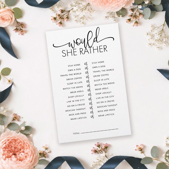 Minimalist Would She Rather Bridal Shower Game (Keep your guests laughing & connecting in effortless style with this "Would She Rather" shower game.)