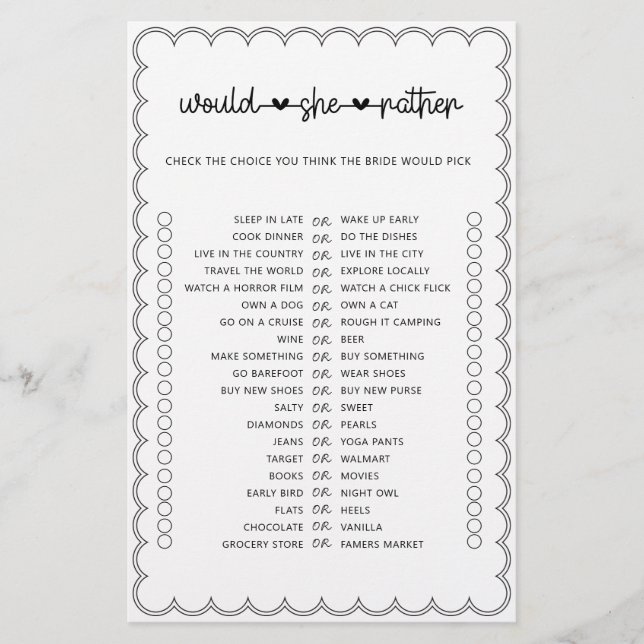 Minimalist would she rather bridal shower game fly flyer (Front)