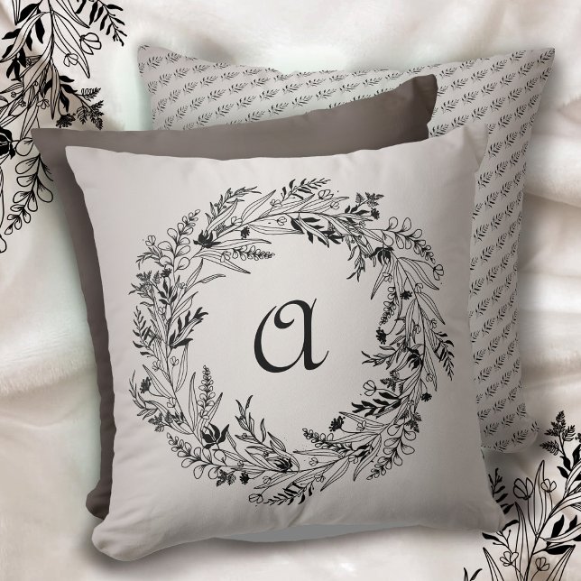 Minimalist Wreath Botanical Letter A Monogram Throw Pillow (Creator Uploaded)