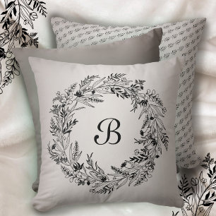 Minimalist Wreath Botanical Letter B Monogram Throw Pillow