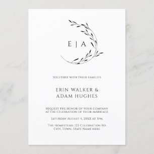 Minimalist Wreath Monogram Simple Black Wedding Invitation