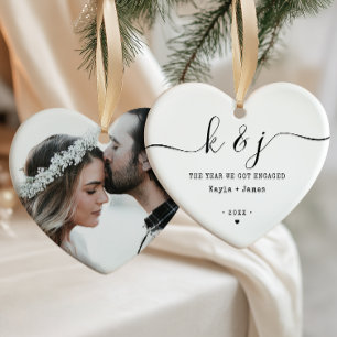 Minimalist Year We Got Engaged Names & Photo Ceramic Ornament