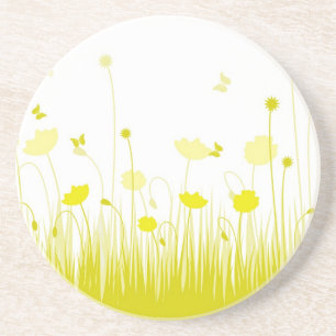 Minimalist Yellow and White Poppies Meadow Floral Coaster