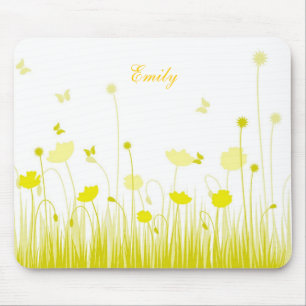 Minimalist Yellow and White Poppies Meadow Name Mouse Pad