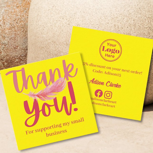 Minimalist Yellow Pink Feather Thank You Branding  Square Business Card (Creator Uploaded)