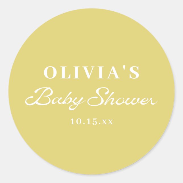 Minimalist Yellow Retro Script Baby Shower Custom Classic Round Sticker (Front)
