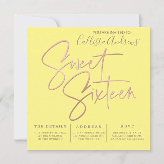 Minimalist Yellow Rose Gold Typography Sweet 16 Invitation (Front)