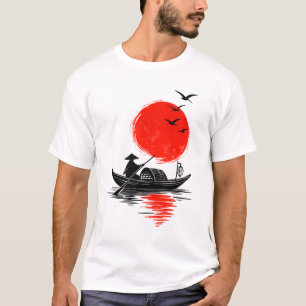 Minimalist Zen Asian Boat Silhouette Red Sun T-Shirt